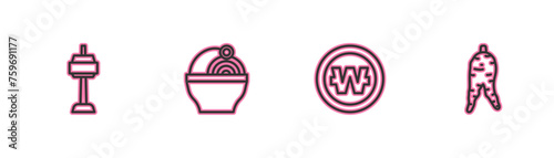 Set line N Seoul tower in South Korea, Korean won coin, Ramen and Ginseng root icon. Vector
