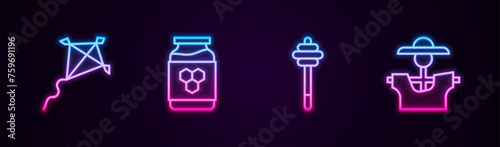 Set line Kite, Jar of honey, Honey dipper stick and Scarecrow. Glowing neon icon. Vector