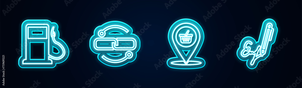 Set line Petrol or Gas station, Chain link line, Location shopping basket and Signature. Glowing neon icon. Vector Set line Petrol or Gas station, Chain link line, Location shopping basket and Signature. Glowing neon icon. Vector