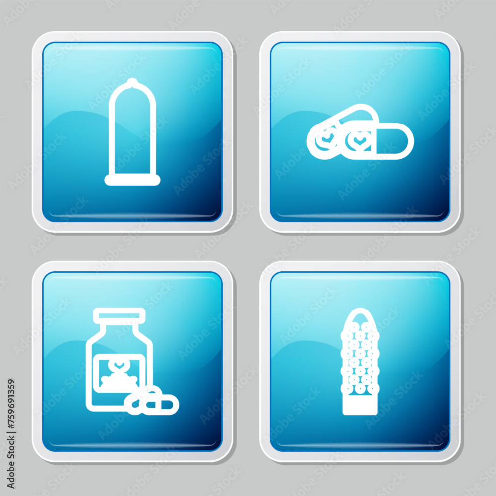 Set line Condom safe sex, Pills for potency, Bottle with pills and Dildo vibrator icon. Vector Set line Condom safe sex, Pills for potency, Bottle with pills and Dildo vibrator icon. Vector