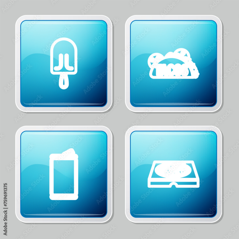 Set line Ice cream, Taco with tortilla, Aluminum can and Pizza cardboard box icon. Vector Set line Ice cream, Taco with tortilla, Aluminum can and Pizza cardboard box icon. Vector