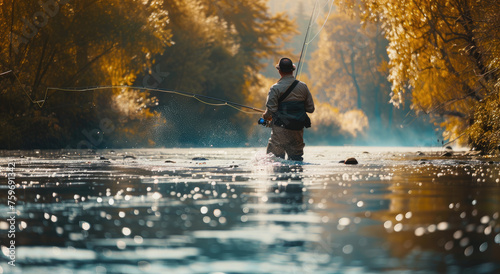 A fly fisherman is standing in the river, he has his line out and catching some fish