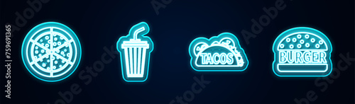 Set line Pizza, Glass with water, Taco tortilla and Burger. Glowing neon icon. Vector