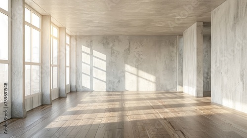 Empty room with white cement walls and wood laminate floor. Sun light cast the shadow on the wall panel. Perspective of minimal interior design background.