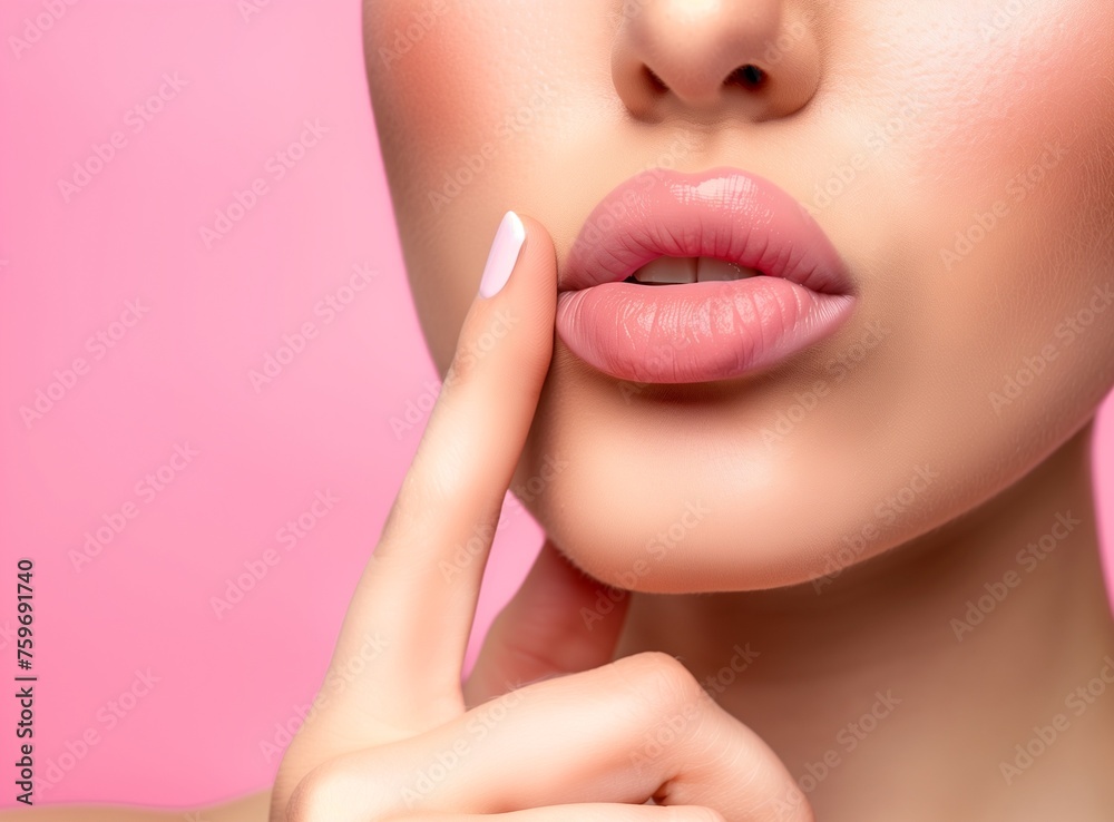 Obraz premium Close up view of young beautiful caucasian woman face over pink background. Lips contouring, SPA therapy, skincare, cosmetology and plastic surgery concept