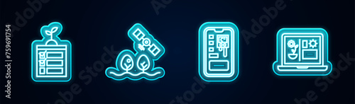 Set line Smart farming technology, with drone, control system and . Glowing neon icon. Vector
