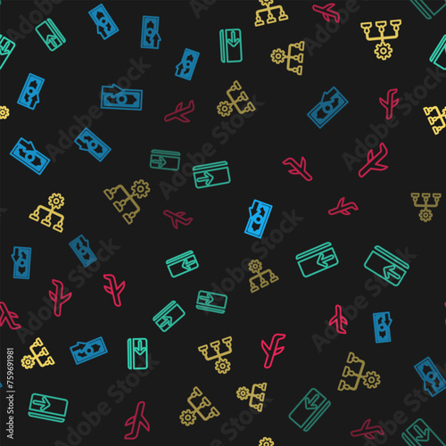 Set line Cash back, , Lead management and Plane on seamless pattern. Vector