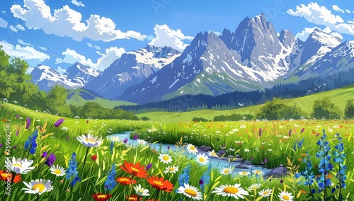 Beautiful green meadow with flowers, a river and snowcapped mountains in the background
