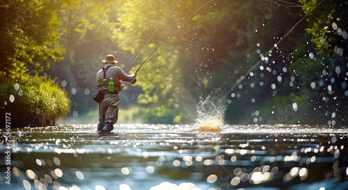 A fly fisherman is standing in the river  he has his line out and catching some fish