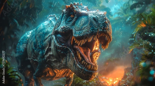 A lifelike T-Rex stands menacingly in a rain-soaked prehistoric jungle, surrounded by dense foliage