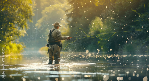 A fly fisherman is standing in the river, he has his line out and catching some fish photo