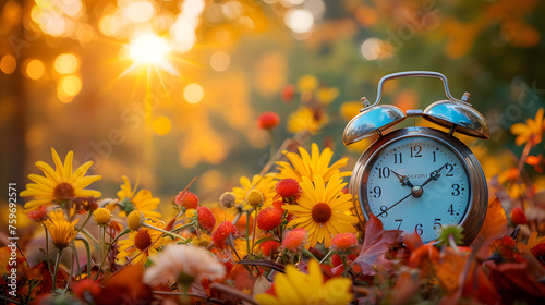 Fototapeta Naklejka Na Ścianę i Meble -  Daylight saving time ends. Alarm clock on beautiful nature background with summer flowers and autumn leaves. Summer time end and fall season coming. Clock turn backward to winter time. Autumn equinox