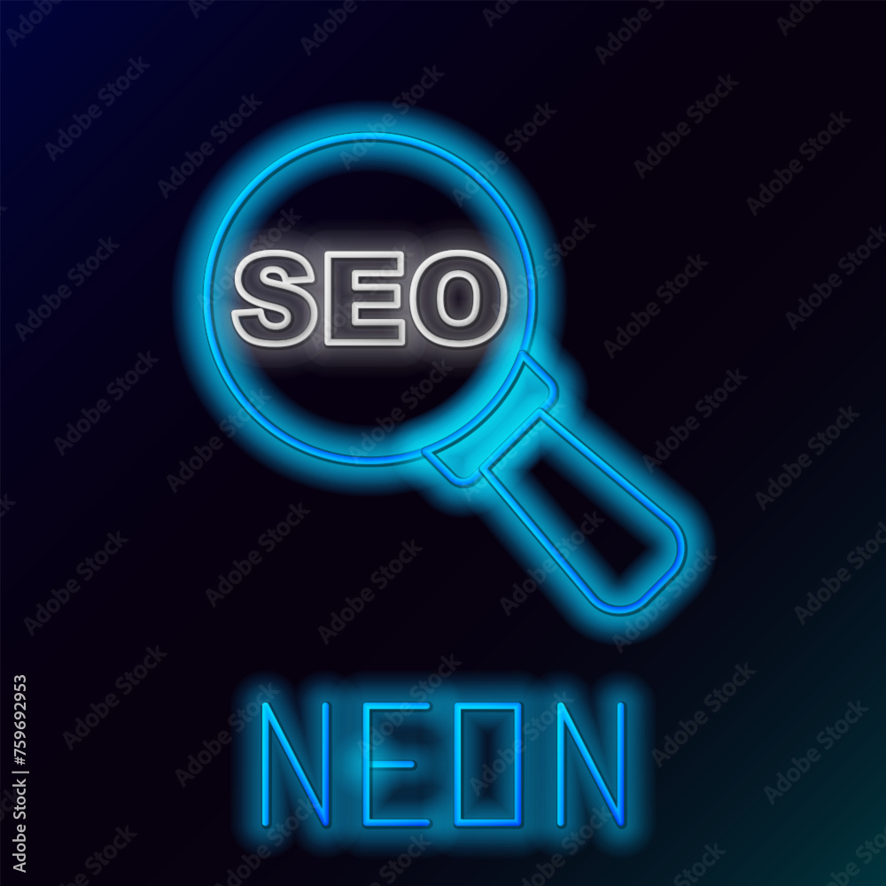 Glowing neon line SEO optimization icon isolated on black background. Colorful outline concept. Vector Glowing neon line SEO optimization icon isolated on black background. Colorful outline concept. Vector