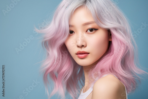 Portrait of young Asian woman with light pastel pink and white hair in front of studio background