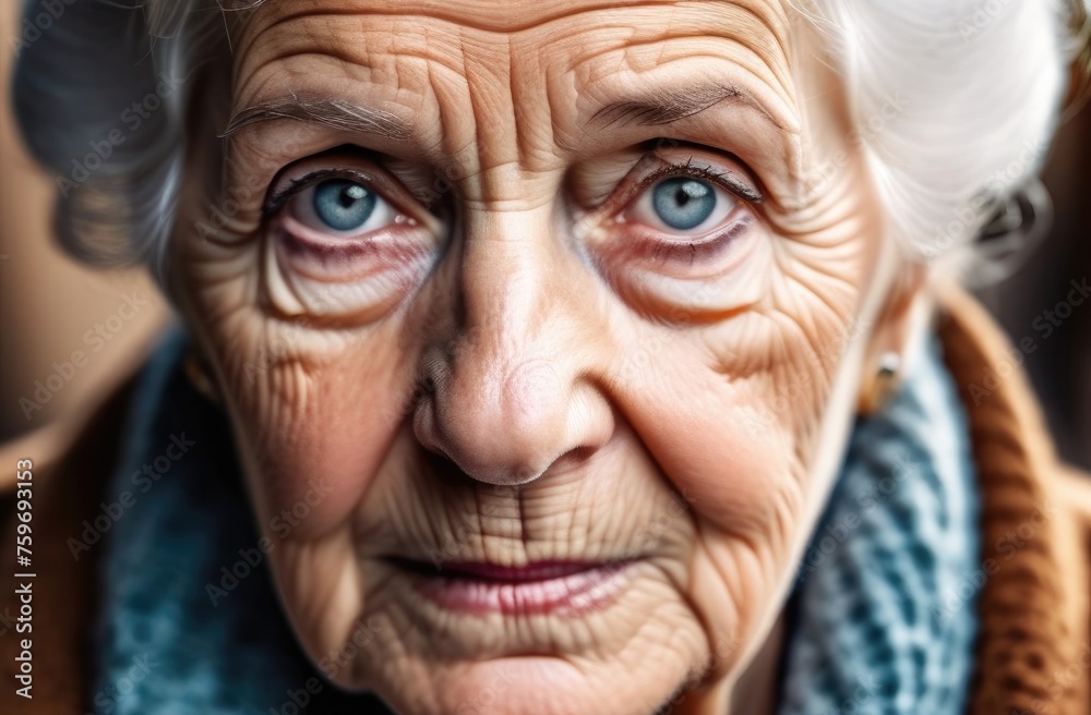 Portrait of gray-haired, tired grandmother with wrinkled face, unhappy eyes, elderly woman face close-up
