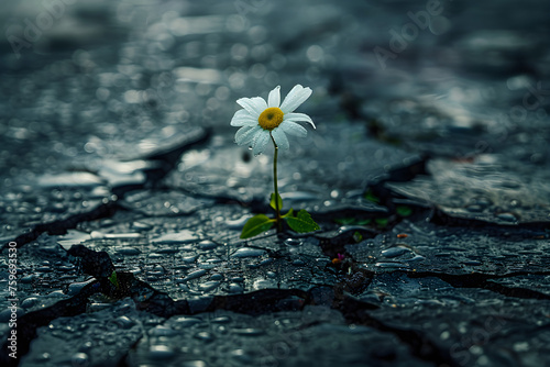 A tiny flower is thriving on a cracked street, symbolizing nature's resilience and beauty in the urban environment.