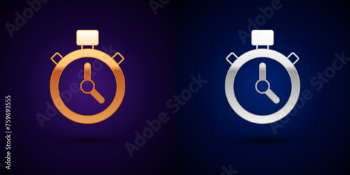 Gold and silver Stopwatch icon isolated on black background. Time timer sign. Chronometer sign. Vector