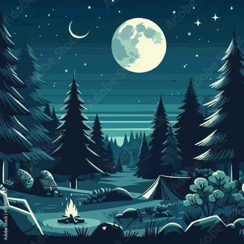 a forest scene with a moon and trees.