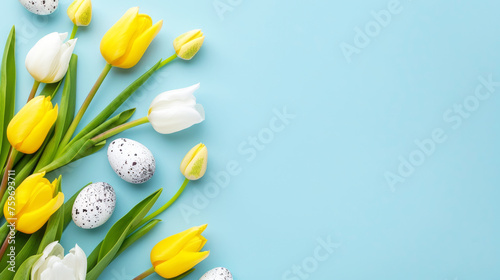  tulips, colorful easter eggs, on light blue background  #759693711