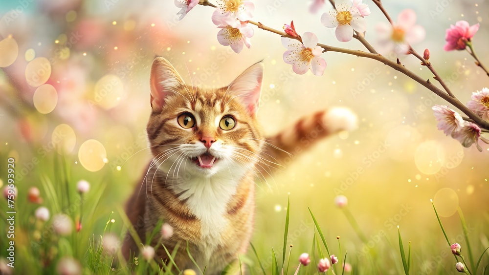 spring background with a cat playing 