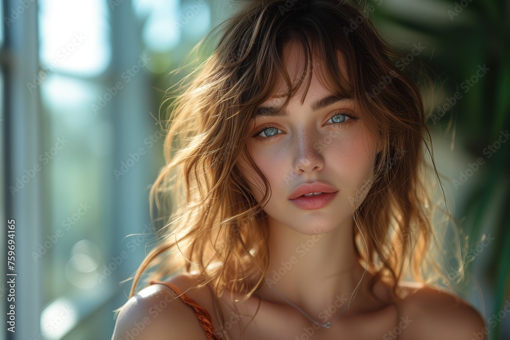 Captivating portrait of a sunlit woman with a relaxed expression and natural makeup, exuding freshness Captivating portrait of a sunlit woman with a relaxed expression and natural makeup, exuding freshness