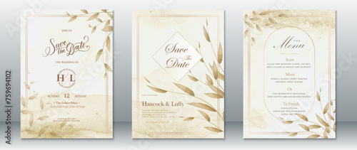 Gold wedding invitation card template nature leaf design luxury with golden frame and watercolor background