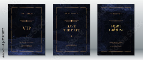 Elegant wedding invitation card template design dark background luxury with space of blue and black  