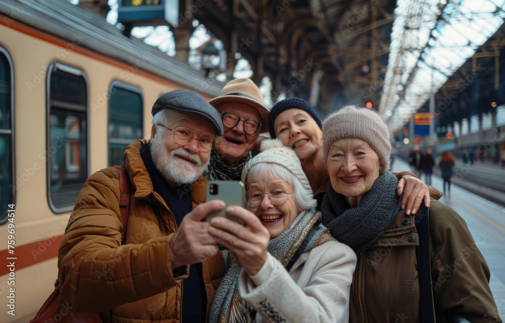 A group of senior friends taking a selfie at the train station, laughing and having fun together while waiting for their turn to board on a vacation trip