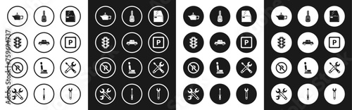 Set Car door, Traffic light, Canister for motor machine oil, Parking, key with remote, Screwdriver and wrench tools and No stopping icon. Vector