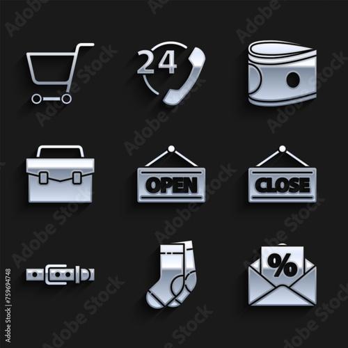 Set Hanging sign with Open, Socks, Envelope interest discount, Closed, Leather belt, Briefcase, Stacks paper money cash and Shopping cart icon. Vector