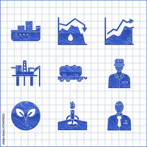 Set Oil railway cistern, rig with fire, Businessman or stock market trader, Oilman, Bio fuel, platform the sea, price increase and tanker ship icon. Vector