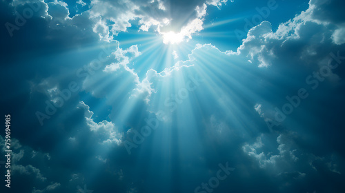 God light in heaven symbolizing divine presence, truth, spiritual illumination, God love and grace. Light beams blessing world with heavenly light photo