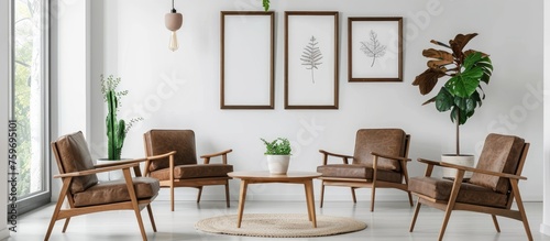 Minimalist living room interior with brown armchairs, table, and frames on the wall. © Lasvu