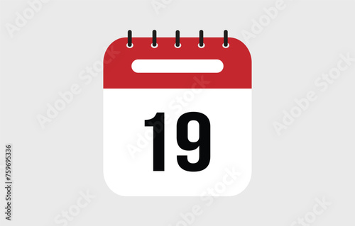 Vector illustration of red calendar icon marked on day 19.