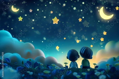 Illustrated characters gazing at a starry, whimsical night sky amidst vibrant flora