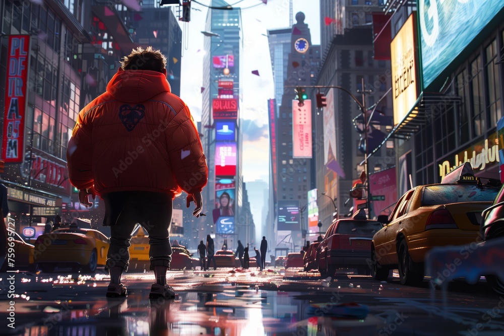 Solitary figure takes in the vibrant streets amidst the glow of neon signs and bustling city life