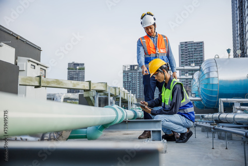Asian man engineer holding tablet working at rooftop building construction. Male technician worker working checking hvac of office building. Engineering installing large air conditioning system. photo