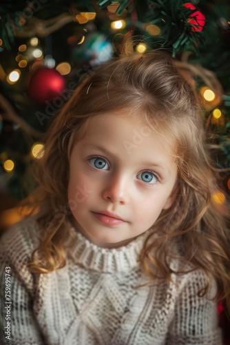 child against the background of a Christmas tree Generative AI