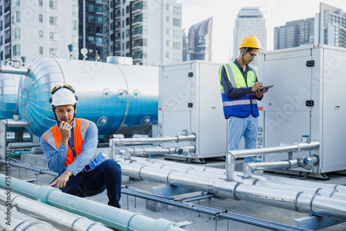 Asian man engineer using talkie walkie report working at rooftop building construction. Technician worker working checking hvac of office building. Engineering installing air conditioning system.