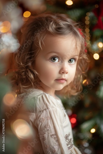 child against the background of a Christmas tree Generative AI