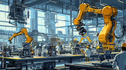 illustration automated efficiency modern industry within factory production line and workers in safety gear