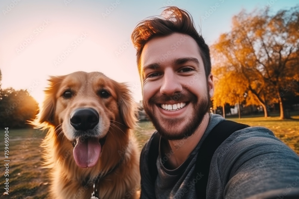 Selfie of a man with a dog in the park Generative AI