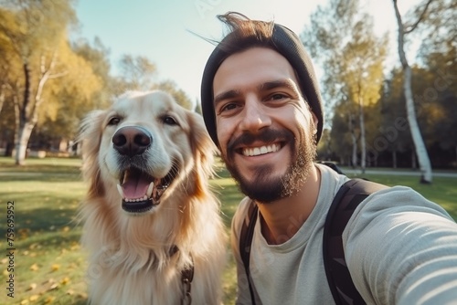 Selfie of a man with a dog in the park Generative AI