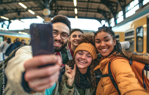 A group of young friends taking a selfie at the train station, laughing and having fun together while waiting for their turn to board on a vacation trip