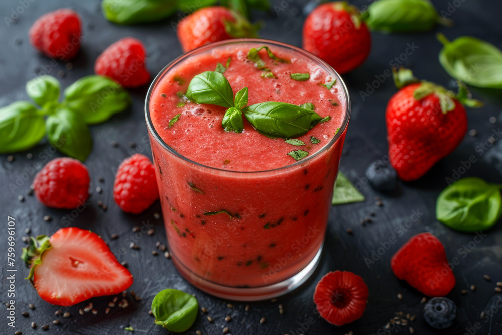 Three glasses of red fruit juice with raspberries and basil on a table. The juice is garnished with a straw and a sprig of basil. Smoothies strawberry, watermelon, basil, berries. Three glasses of red fruit juice with raspberries and basil on a table. The juice is garnished with a straw and a sprig of basil. Smoothies strawberry, watermelon, basil, berries.