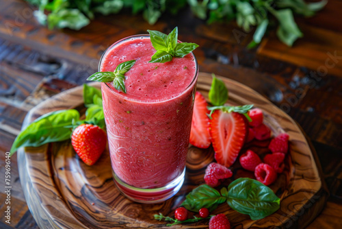 Three glasses of red fruit juice with raspberries and basil on a table. The juice is garnished with a straw and a sprig of basil. Smoothies strawberry, watermelon, basil, berries.