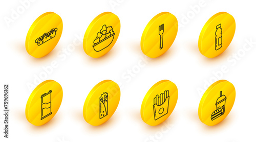 Set line Paper glass with drinking straw and burger, Potatoes french fries carton package box, Doner kebab, Soda can, Bottle of water, Fork, Popcorn bowl and Hotdog sandwich mustard icon. Vector