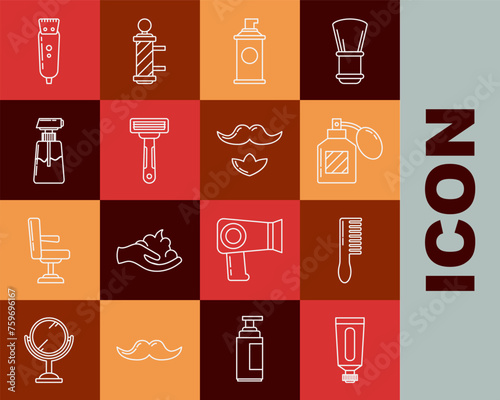 Set line Cream or lotion cosmetic tube, Hairbrush, Aftershave, Shaving gel foam, razor, Electrical hair clipper shaver and Mustache and beard icon. Vector