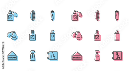 Set line Barbershop, Cream or lotion cosmetic tube, Aftershave, with razor, Shaving gel foam, and Hairbrush icon. Vector