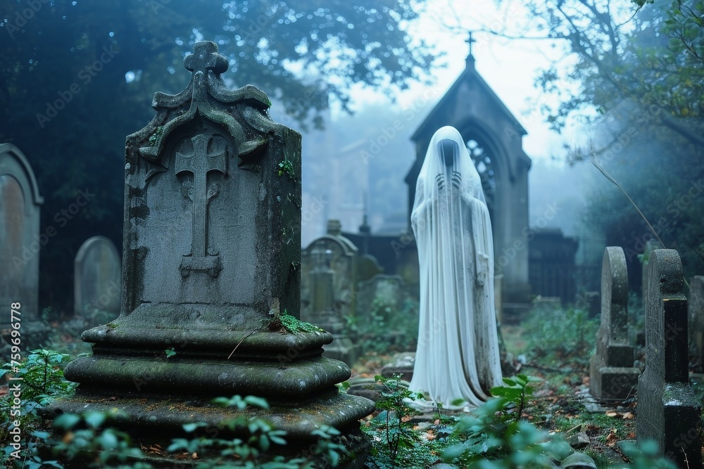 A ghostly apparition in a cemetery.